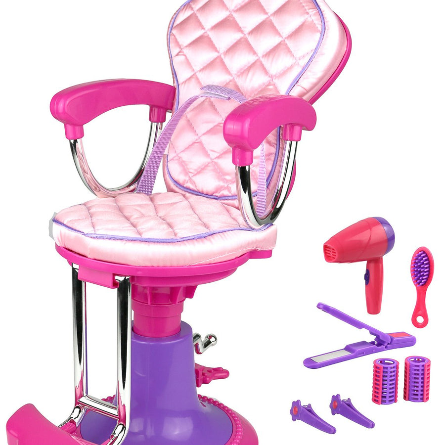 Pretend Play Hair Salon Toy for Girls, Click N' Play Doll Salon Chair with 8 Doll Hair Accessories, Includes Chair, Hair Brush, 2 Hair Clips, 2 Curlers, Dryer and Straightening Iron, Girl Gift Ages 3+