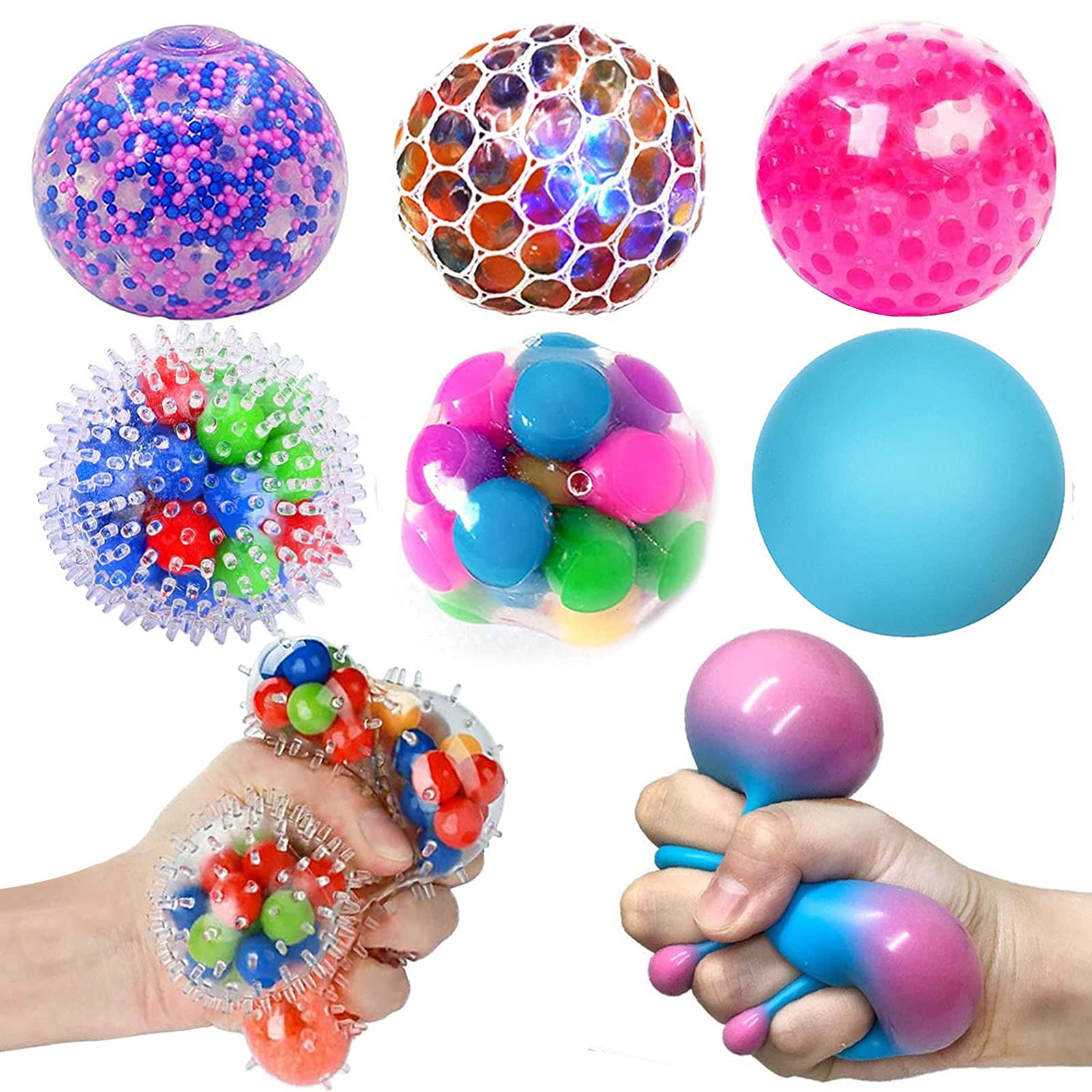 HIETIRA Squishy Stress Balls for Kids and Adults - 6 Balls Water Bead Stress Balls Needohball DNA Balls Sensory Ball Squeeze Ball Fidget Toys Set for Anxiety Autism ADHD and More