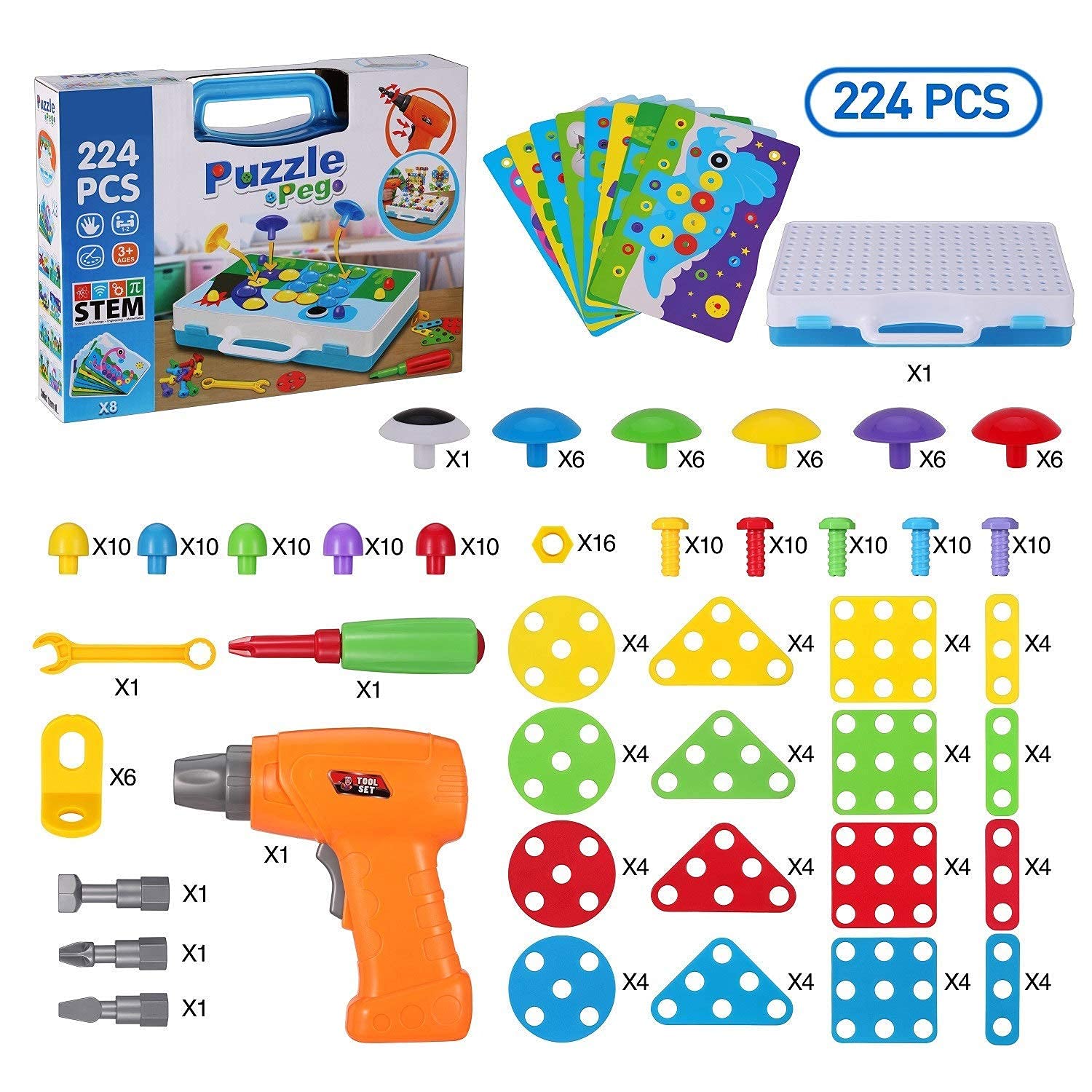 224 Piece STEM Building Toys for Kids 4 5 6 7 8 Year Old, Trendy Bits Drill Puzzle with Screwdriver Tool Set, Mosaic Drill Set for Boys and Girls Ages 4-8