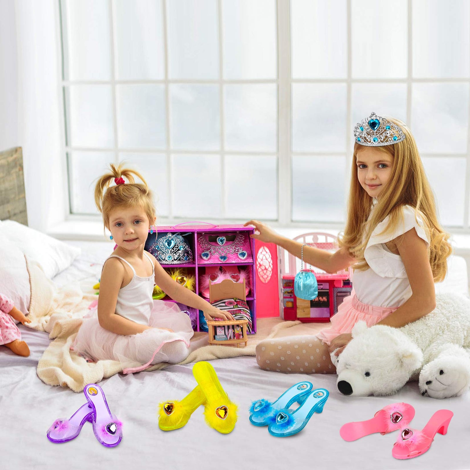 Princess Dress Up Shoes Set Girls Role Play Shoes Pretend Jewelry Toys Set Gift Set 4 Pairs of Shoes Kit Collection of Tiara Crown Earrings Necklace Rings Handbag Gloves for Girls Aged 3-6 Years Old