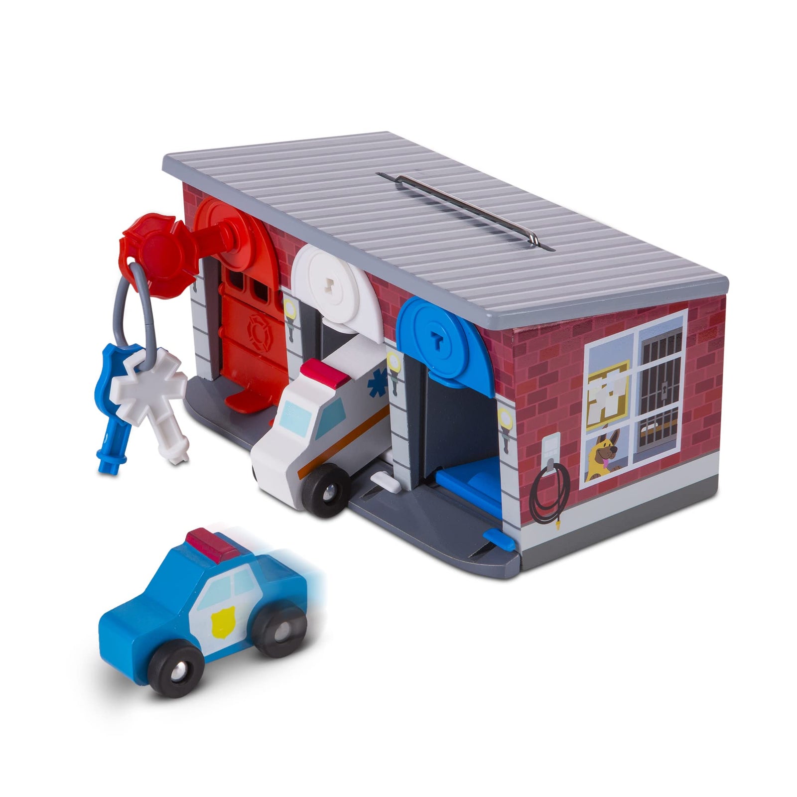 Melissa & Doug Toy Keys and Cars Wooden Rescue Vehicles and Garage (7 pcs) Red