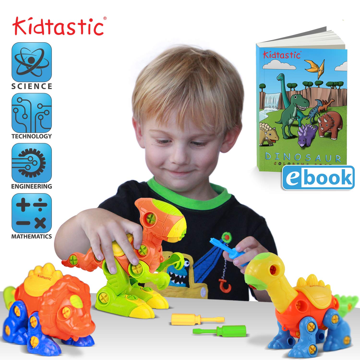 Kidtastic Dinosaur Toys, STEM Learning (106 pieces), Take Apart Fun (Pack of 3), Construction Engineering Building Play Set For Boys Girls Toddlers, Best Toy Gift Kids Ages 3yr – 6yr, 3 Years and Up