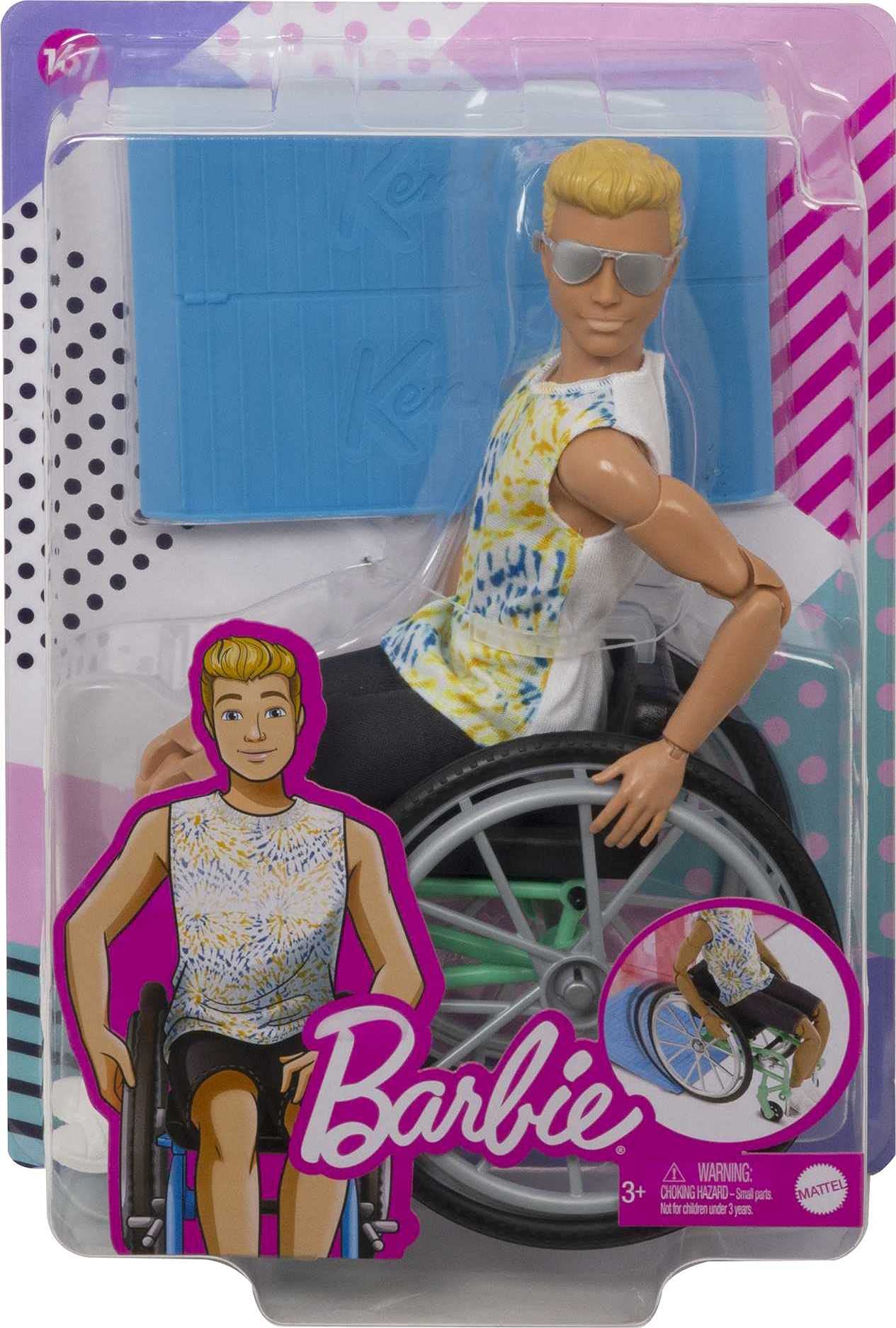 Barbie Ken Fashionistas Doll #167 with Wheelchair & Ramp Wearing Tie-Dye Shirt, Black Shorts, White Sneakers & Sunglasses, Toy for Kids 3 to 8 Years Old