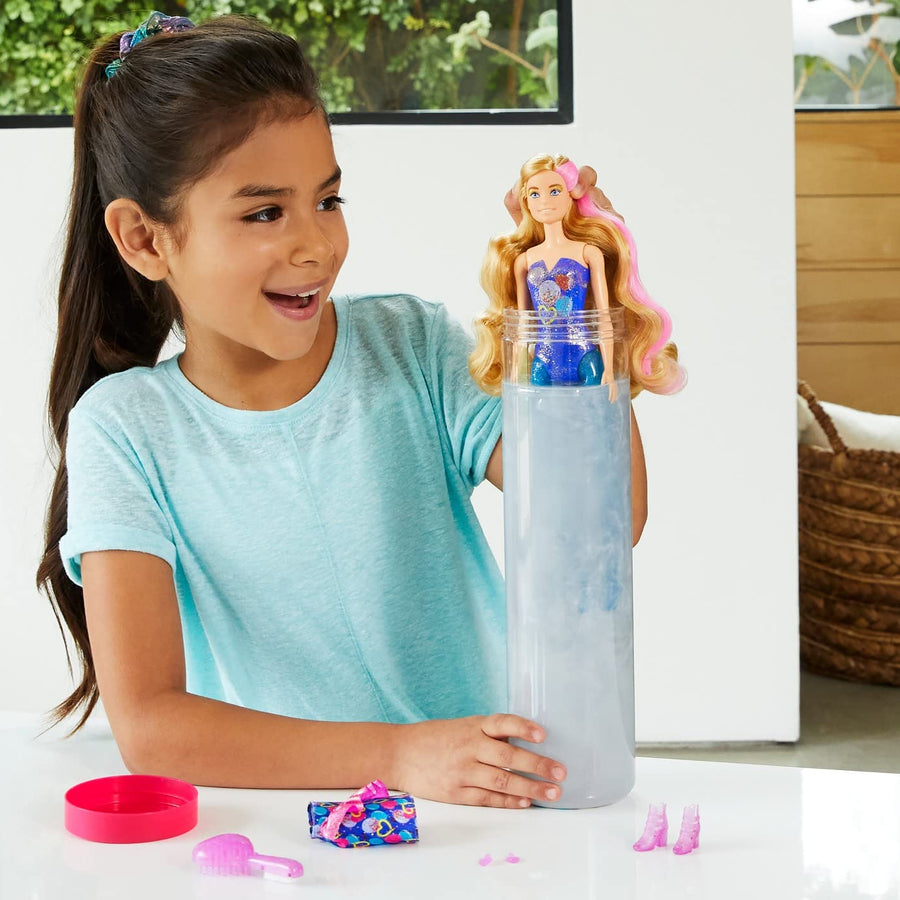 Barbie Color Reveal Doll with 7 Surprises: 4 Bags Contain Skirt, Shoes, Earrings & Brush; Water Reveals Confetti-Print; Doll’s Look & Color Change on Hair & Face; Party Series