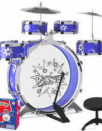 EMAAS Kids Jazz Drum Set for Kids – 5 Drums, 2 Drumsticks, Kick Pedal, Cymbal Chair, Stool – Ideal Gift Toy for Kids, Teens, Boys & Girls - Stimulates Musical Talent Imagination and Creativity
