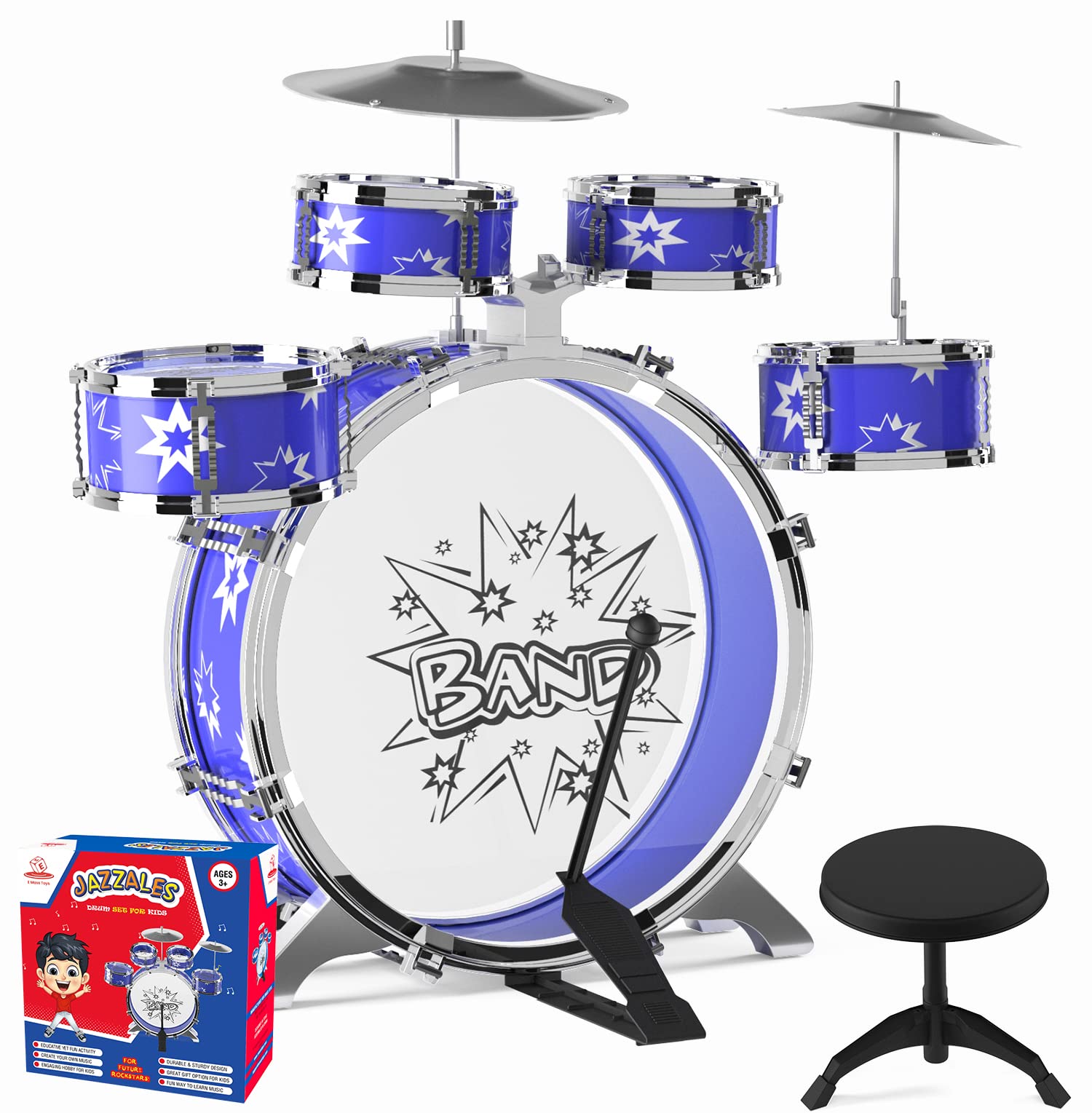 EMAAS Kids Jazz Drum Set for Kids – 5 Drums, 2 Drumsticks, Kick Pedal, Cymbal Chair, Stool – Ideal Gift Toy for Kids, Teens, Boys & Girls - Stimulates Musical Talent Imagination and Creativity