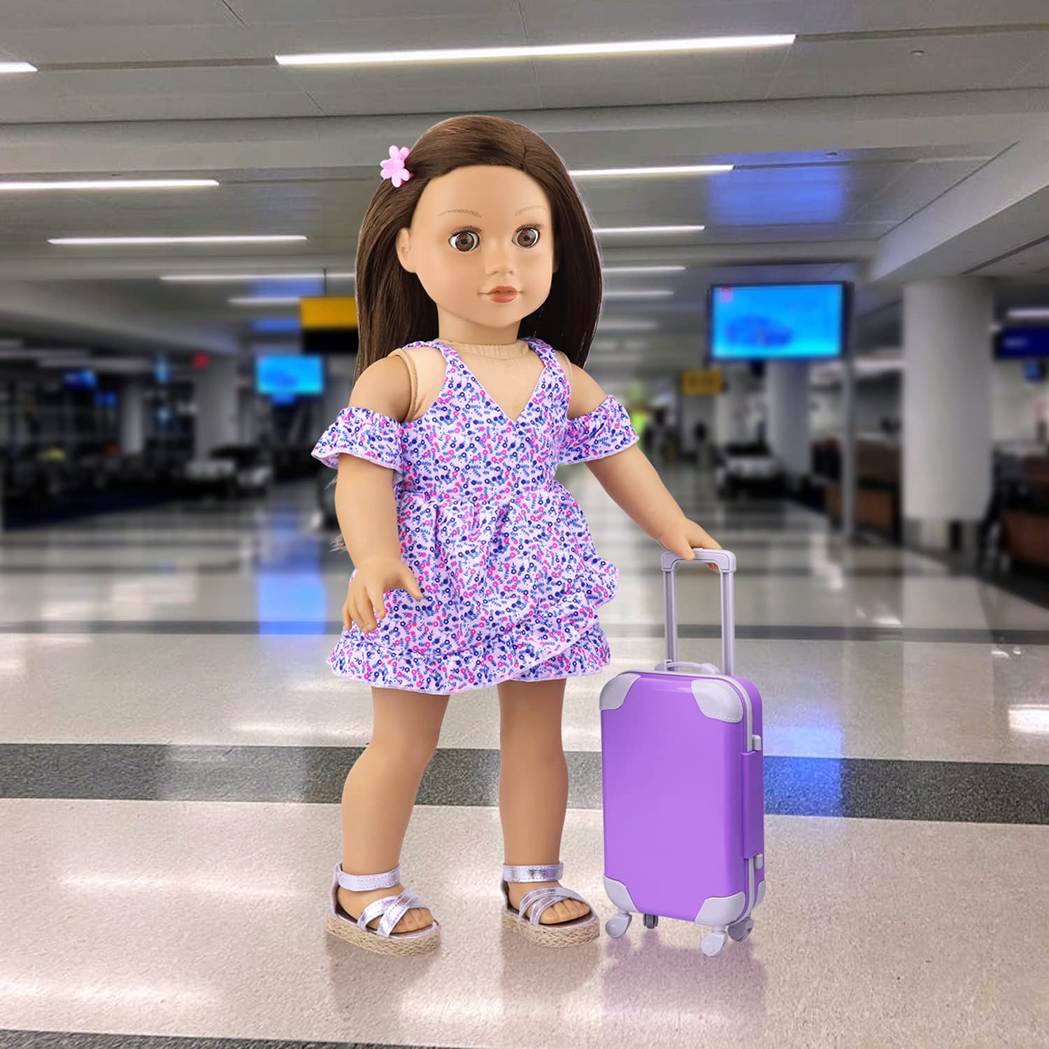 K.T. Fancy 16 pcs American 18 Doll Accessories Suitcase Travel Luggage Play Set for 18 Inch Doll Travel Carrier, Sunglasses Camera Computer Phone Pad Travel Pillow Blindfold Passport Tickets Cashes