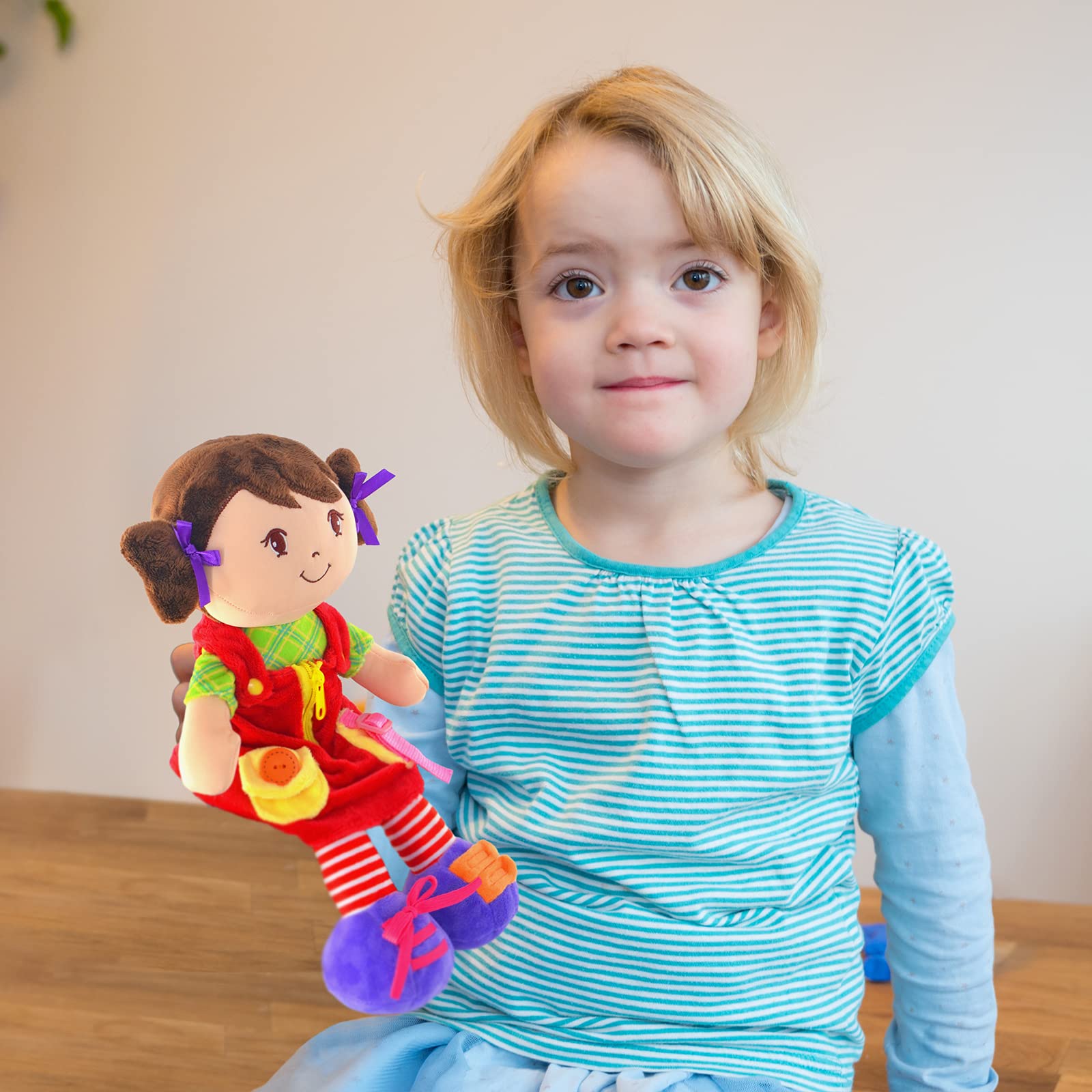 Linzy Plush 16" Educational Plush Doll, Adorable Plush Doll Comes with clad ,a Removable Outfit Packed with Closures-Perfect for Testing a Little One's Growing Problem Solving and Motor Skills