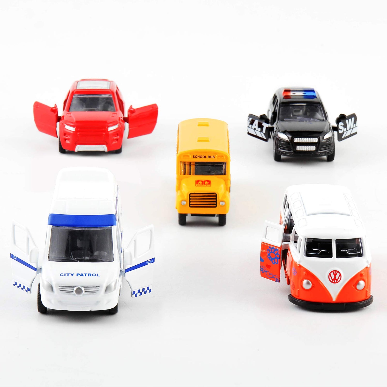 KIDAMI Die-cast Metal Toy Cars Set of 5, Openable Doors, Pull Back Car, Gift Pack for Kids (Official Car)