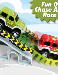 AUUGUU Kids Dinosaur Race Car Track with Flexible Track, Dino Toys, Bridge, Ramps and 2 Race Car Toys – Prehistoric Race Track for Kids Age 3-5
