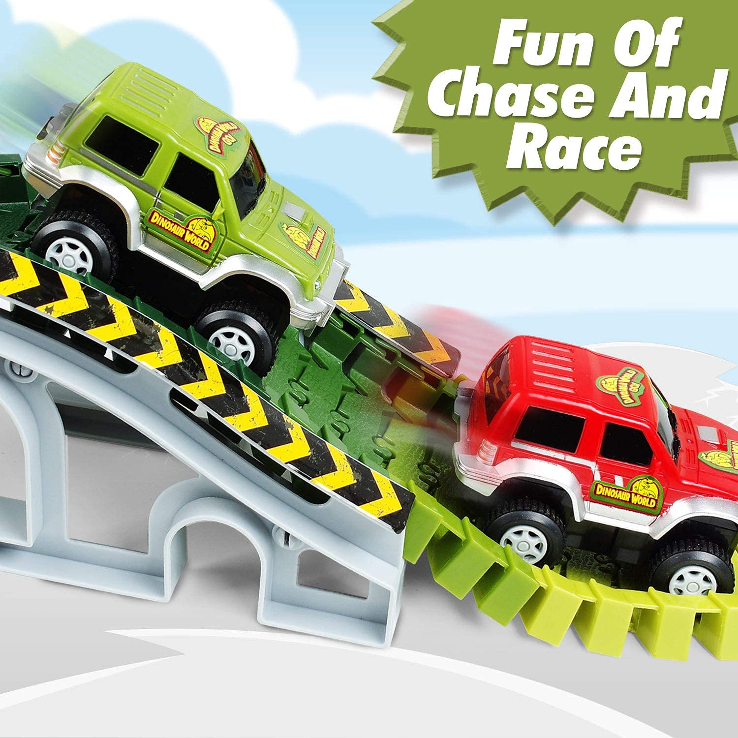 AUUGUU Kids Dinosaur Race Car Track with Flexible Track, Dino Toys, Bridge, Ramps and 2 Race Car Toys – Prehistoric Race Track for Kids Age 3-5