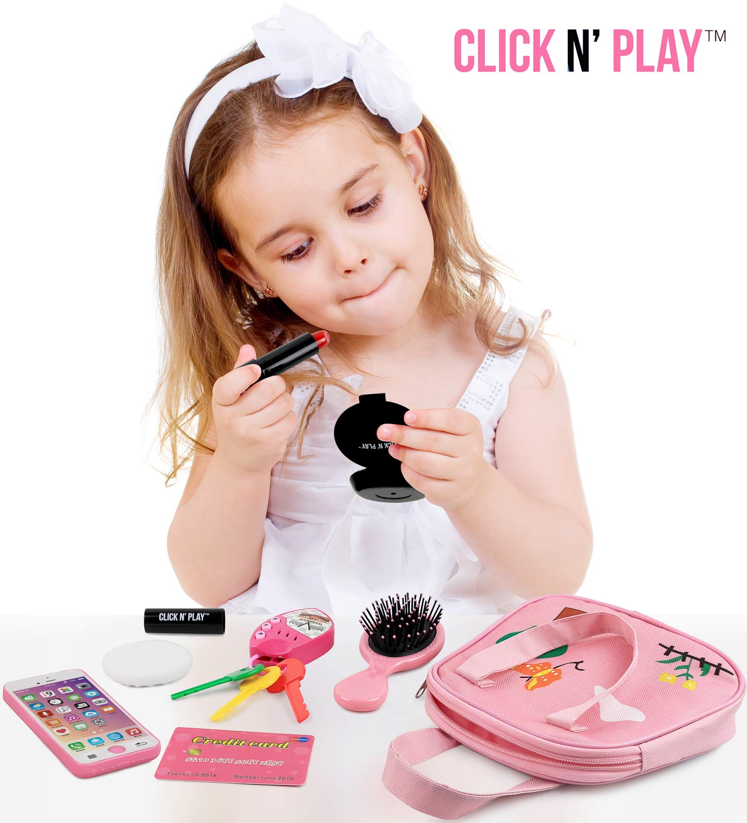 Little Girls Purse, Click N' Play Pretend Play Purse Set, Handbag with 8 Pieces including Makeup, Smartphone, Wallet, Keys, Credit Card, Toy Purse for Toddler Girls Ages 2+