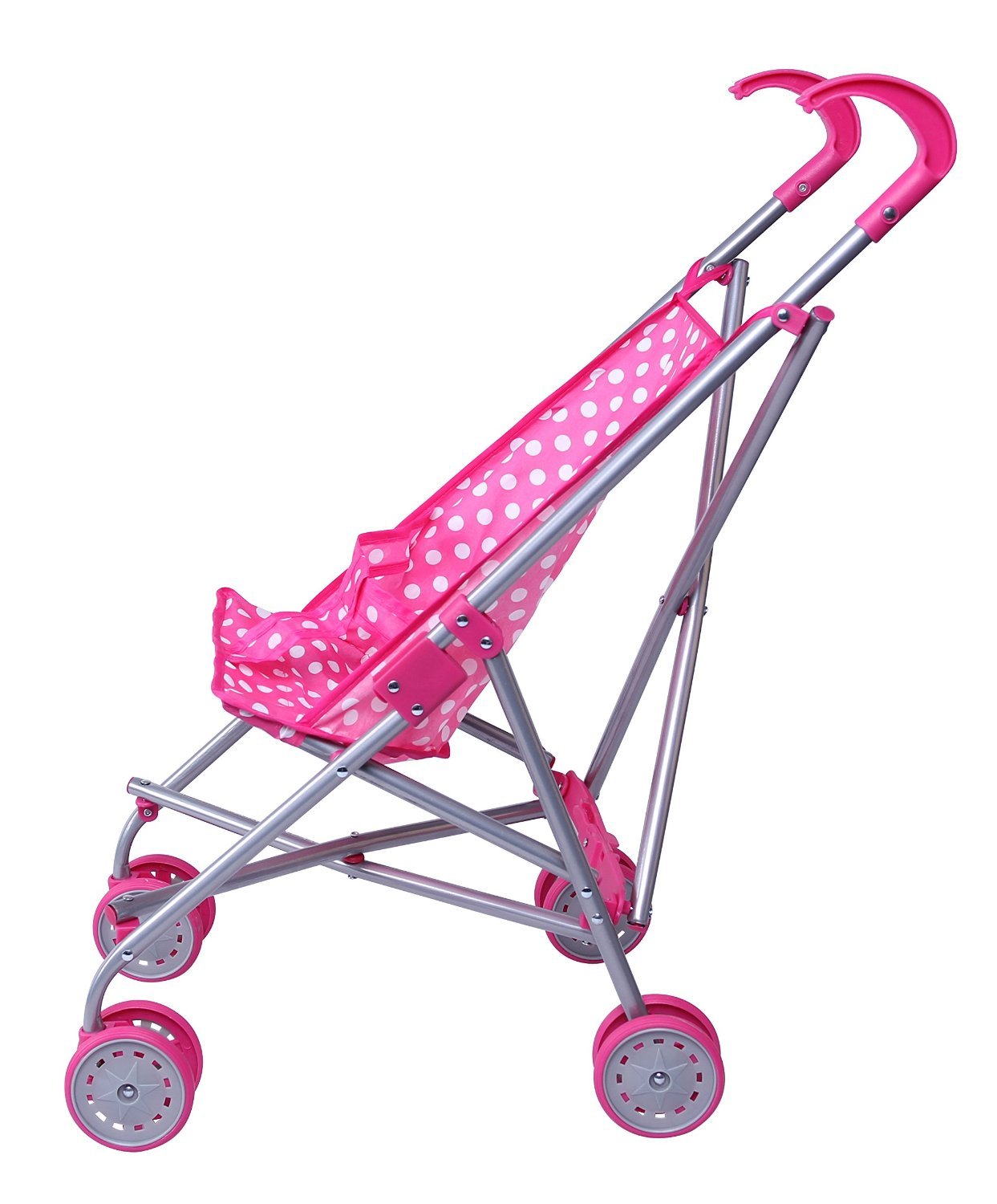 Precious Toys Baby Doll Stroller, Foldable Play Stroller, Fits Dolls 18 Inches, Extra Stability, Fully Assembled, Color Pink and White Polka Dots, Lead Free Paint, Gifts for Toddlers and Girls Ages 2+