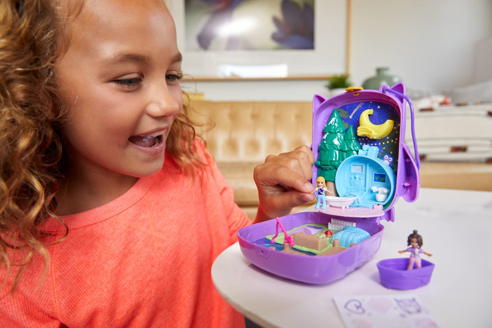 Polly Pocket Pocket World Owlnite Campsite Compact with Fun Reveals, Micro Polly and Shani Dolls, Boat and Sticker Sheet for Ages 4 and Up [Amazon Exclusive]