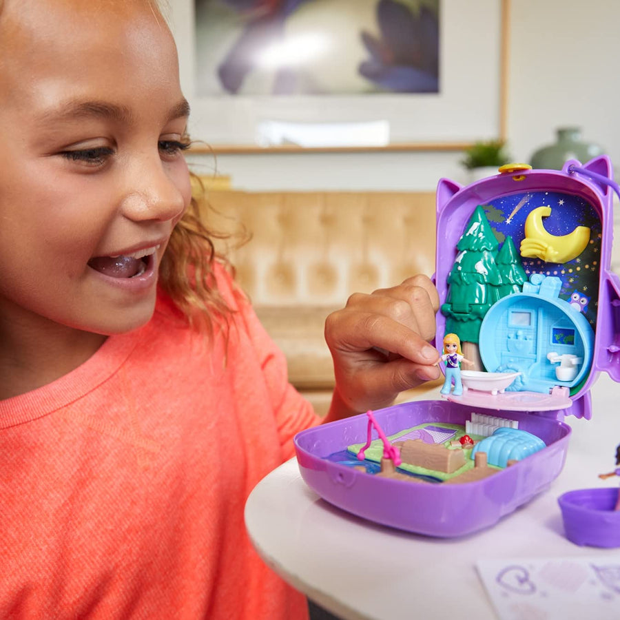 Polly Pocket Pocket World Owlnite Campsite Compact with Fun Reveals, Micro Polly and Shani Dolls, Boat and Sticker Sheet for Ages 4 and Up [Amazon Exclusive]
