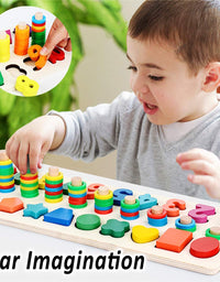 CozyBomB Wooden Number Puzzle Sorting Montessori Toys for Toddlers - Shape Sorter Counting Game for Age 3 4 5 Year olds Kids - Preschool Education Math Stacking Block Learning Wood Chunky Jigsaw
