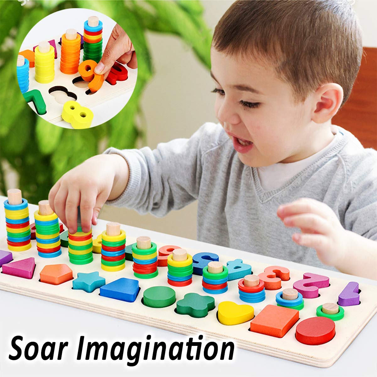 CozyBomB Wooden Number Puzzle Sorting Montessori Toys for Toddlers - Shape Sorter Counting Game for Age 3 4 5 Year olds Kids - Preschool Education Math Stacking Block Learning Wood Chunky Jigsaw