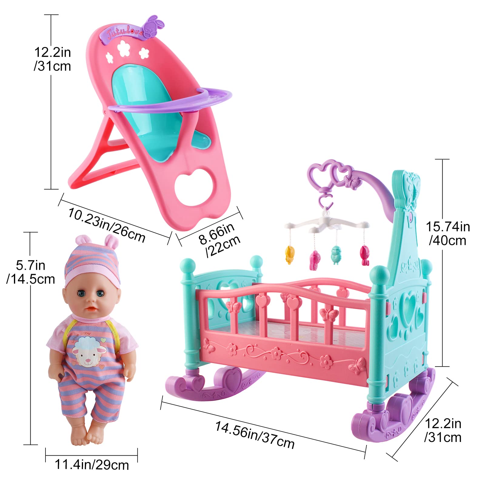 deAO Baby Doll Set with Crib Mobile High Chair Stroller Feeding Accessories 21 Pieces Play Set (Baby Doll Included)