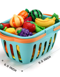 70 PCS Cutting Play Food Toy for Kids Kitchen, Pretend Fruit &Vegetables Accessories with Shopping Storage Basket, Plastic Mini Dishes and Knife, Educational Toy for Toddler Children Birthday Gift
