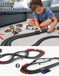 Electric Racing Tracks for Boys and Kids Including 4 Slot Cars 1:43 Scale with Headlights and Dual Racing, Race Car Track Sets with 2 Hand Controllers, Gift Toys for Children Over 8 Years Old

