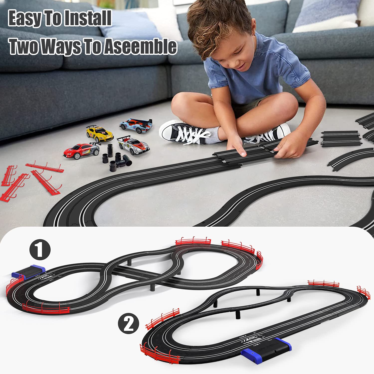 Electric Racing Tracks for Boys and Kids Including 4 Slot Cars 1:43 Scale with Headlights and Dual Racing, Race Car Track Sets with 2 Hand Controllers, Gift Toys for Children Over 8 Years Old