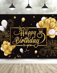 Happy Birthday Backdrop Banner Large Black Gold Balloon Star Fireworks Party Sign Poster Photo Booth Backdrop for Men Women 30th 40th 50th 60th 70th 80th Birthday Party Decorations, 72.8 x 43.3 Inch

