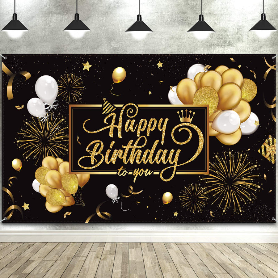 Happy Birthday Backdrop Banner Large Black Gold Balloon Star Fireworks Party Sign Poster Photo Booth Backdrop for Men Women 30th 40th 50th 60th 70th 80th Birthday Party Decorations, 72.8 x 43.3 Inch
