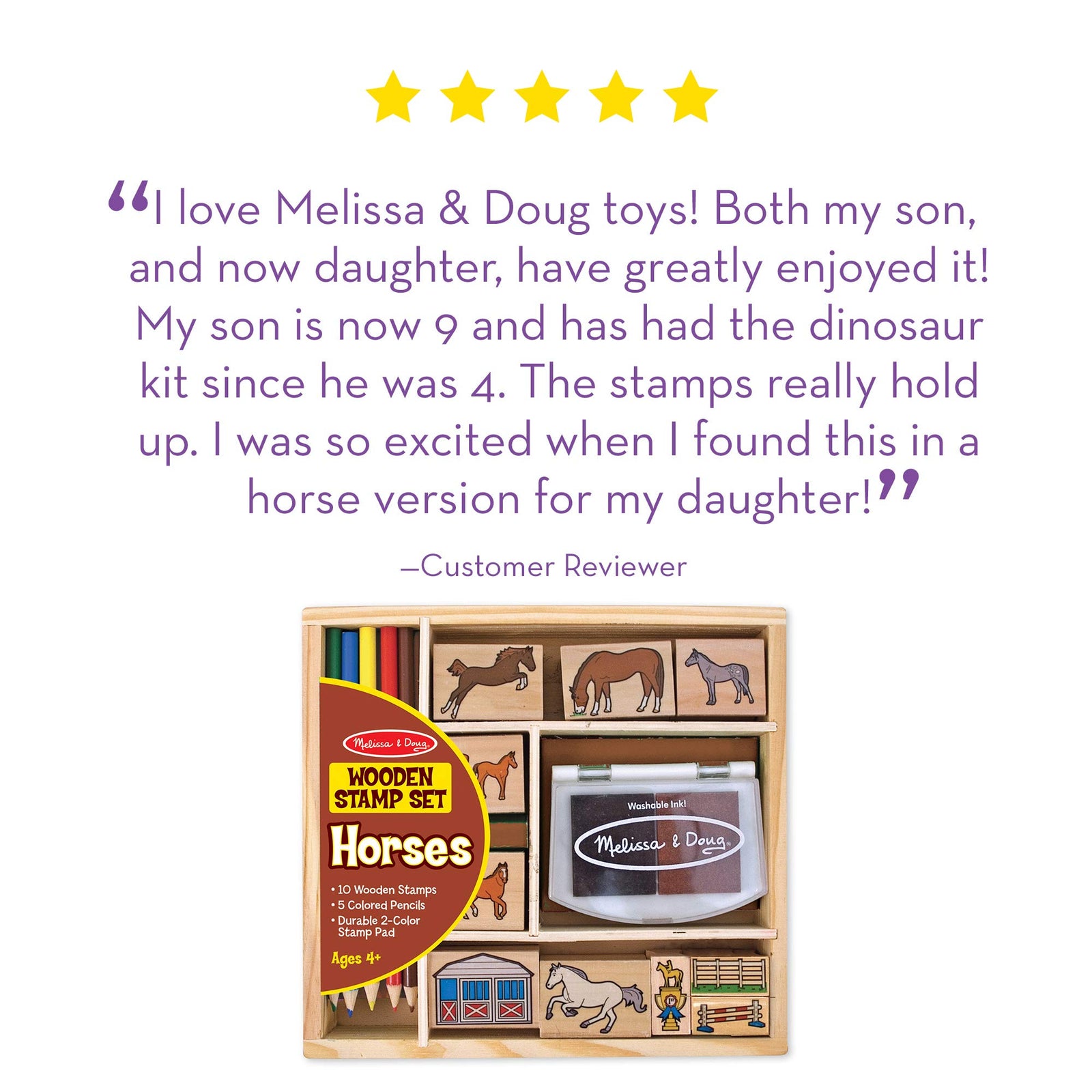 Melissa & Doug Wooden Stamp Activity Set: Horse Stable - 10 Stamps, 5 Colored Pencils, 2-Color Stamp Pad