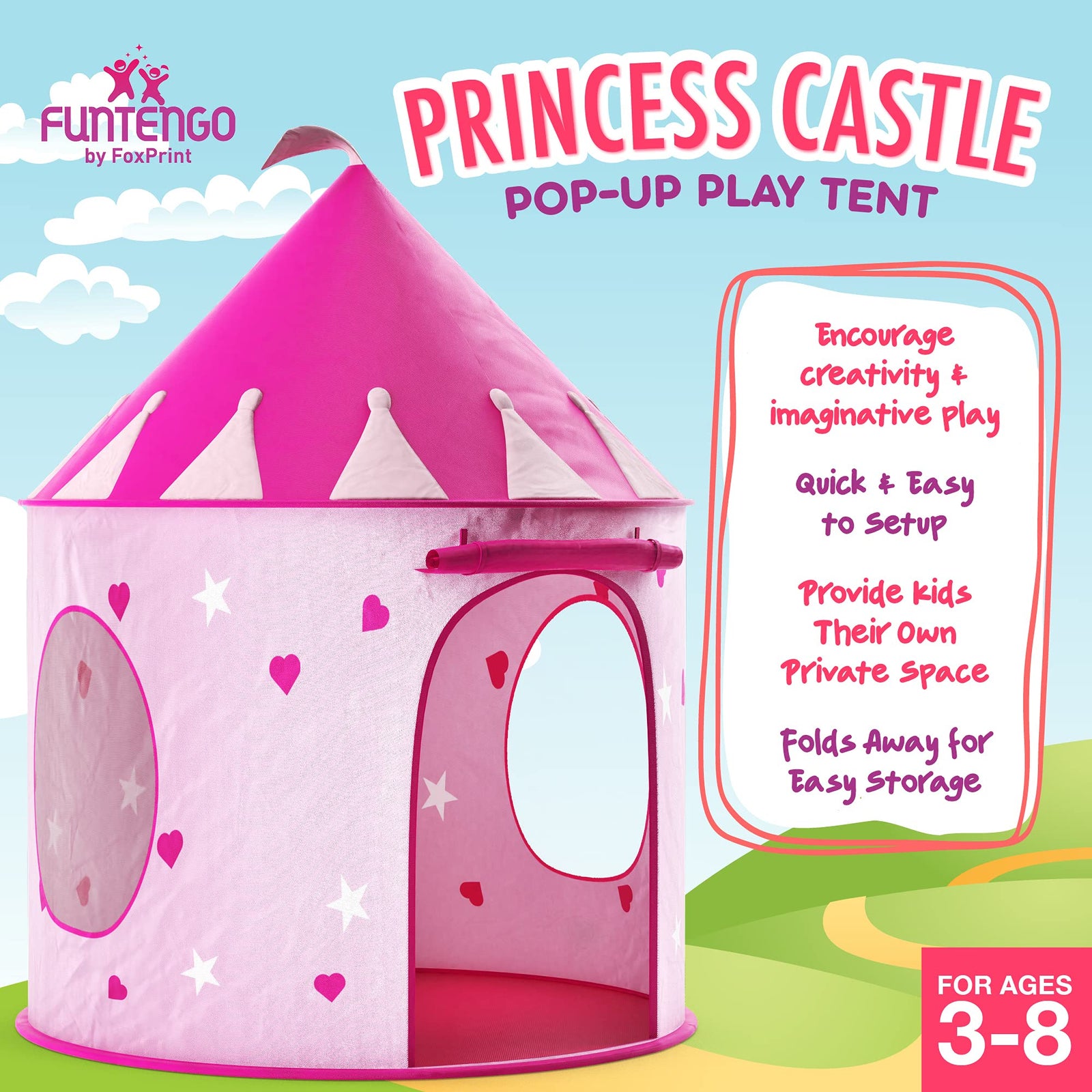 FoxPrint Princess Castle Play Tent With Glow In The Dark Stars, Conveniently Folds In To A Carrying Case, Your Kids Will Enjoy This Foldable Pop Up Pink Play Tent/House Toy For Indoor and Outdoor Use