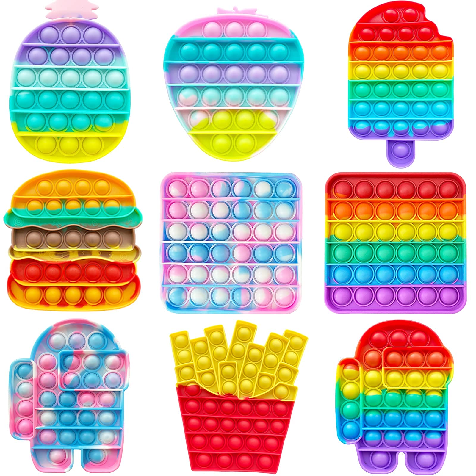 9 Pack Colorful Pop Fidget Toy, Push Bubble Popper Sensory Toy, Autism Special Needs Stress Reliever Silicone Stress Reliever Toy ，Help Restore Emotions Gift for Adult Kids (Rainbow&Pink)