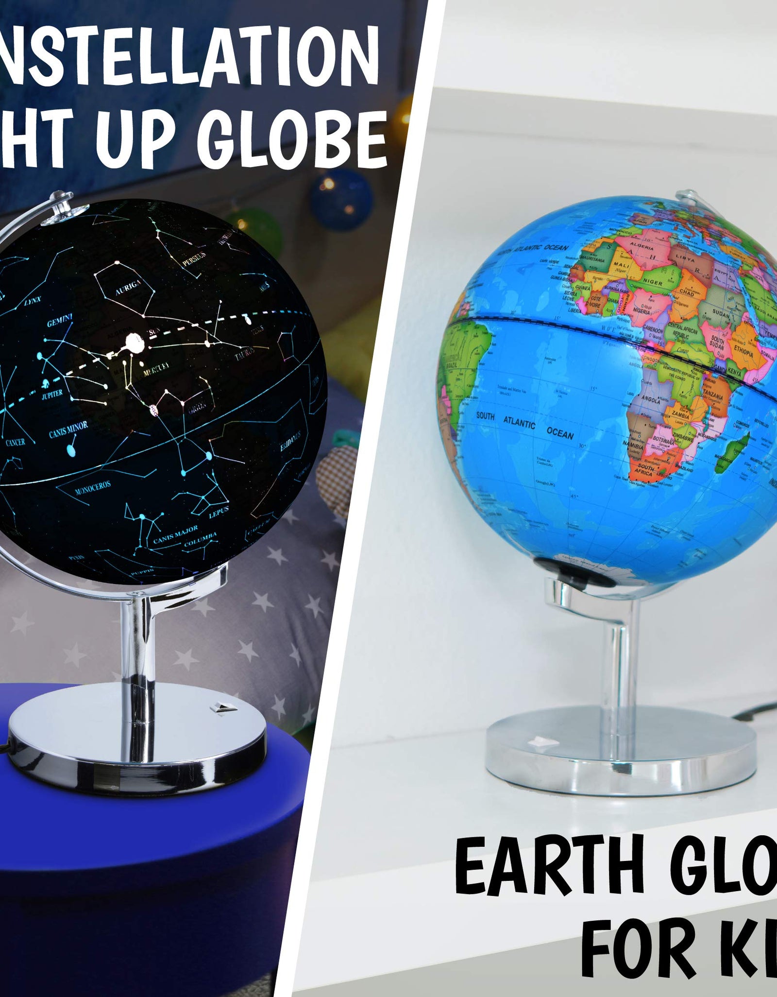 USA Toyz Illuminated Globe of The World with Stand - 3in1 World Globe, Constellation Globe Night Light, and Globe Lamp with Built-in LED, Easy to Read Texts, and Non-Tip Base, 13.5 Inch Tall