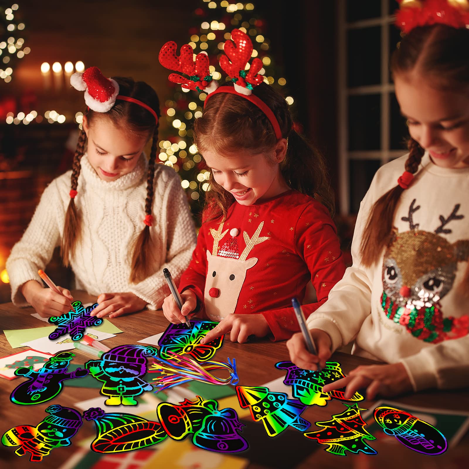 Max Fun Rainbow Color Scratch Christmas Ornaments (48 Counts) - Magic Scratch Off Cards Paper Hanging Art Craft Supplies Educational Toys Kit with 48 PCS Drawing Sticks & Cords for Kids Party Favors