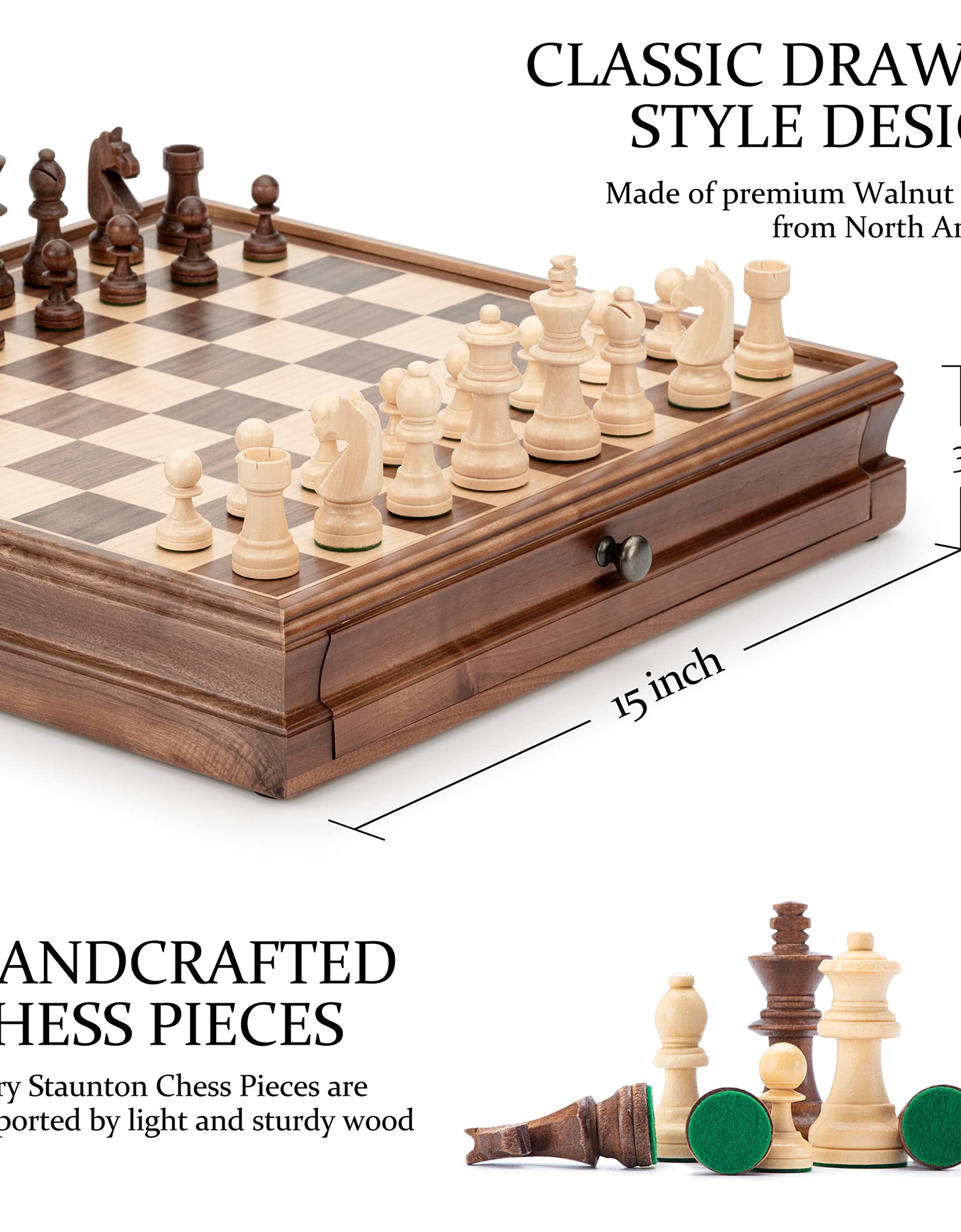 A&A 15" WOODEN CHESS & CHECKERS / Storage Drawer / 3" King Height German Knight Staunton Chess Pieces / Walnut Box w/Walnut & Maple Inlay / 2 Extra Queen / Classic 2 in 1 Board Games