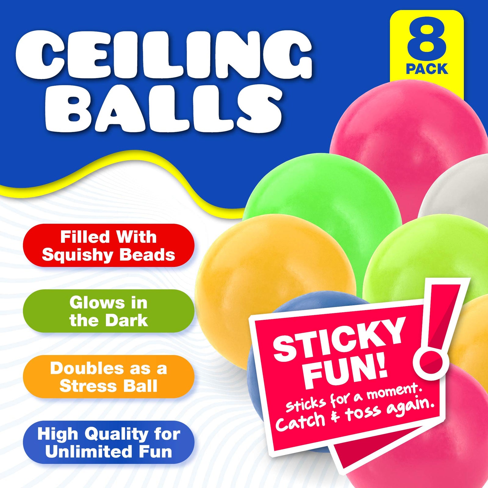 Sticky Balls - Fidget Pack of 8 - Squishy Glow in The Dark Sensory Ball Stress Toys - Sticks to Ceiling and Wall - Stress Relief Gifts, Party Supplies, Anxiety Relief Items for Kids and Adults