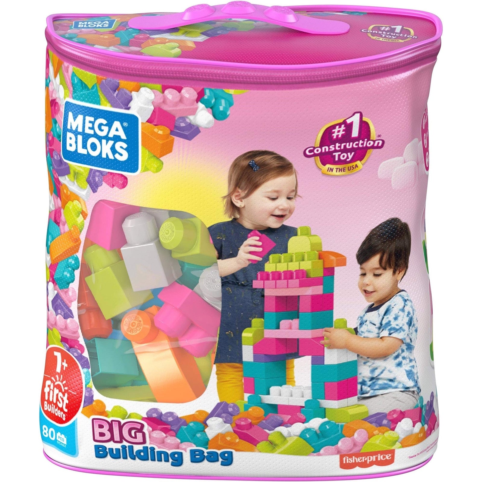 Mega Bloks First Builders Big Building Bag with Big Building Blocks, Building Toys for Toddlers (80 Pieces) - Pink Bag