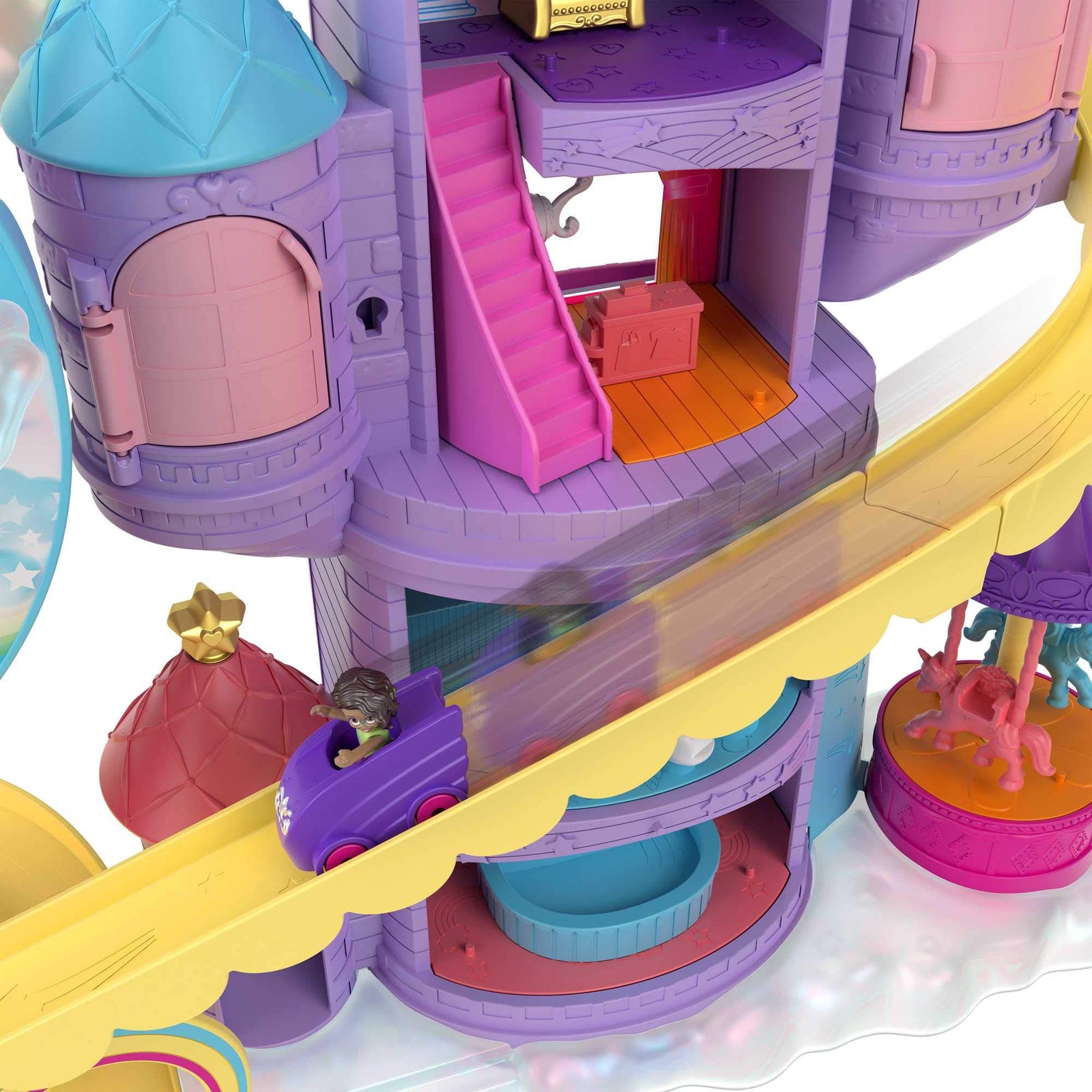 Mattel Polly Pocket Rainbow Funland Theme Park, 3 Rides, 7 Play Areas, Polly and Shani Dolls, 2 Unicorns & 25 Surprise Accessories (30 Total Play Pieces), Dispensing Feature for Surprises