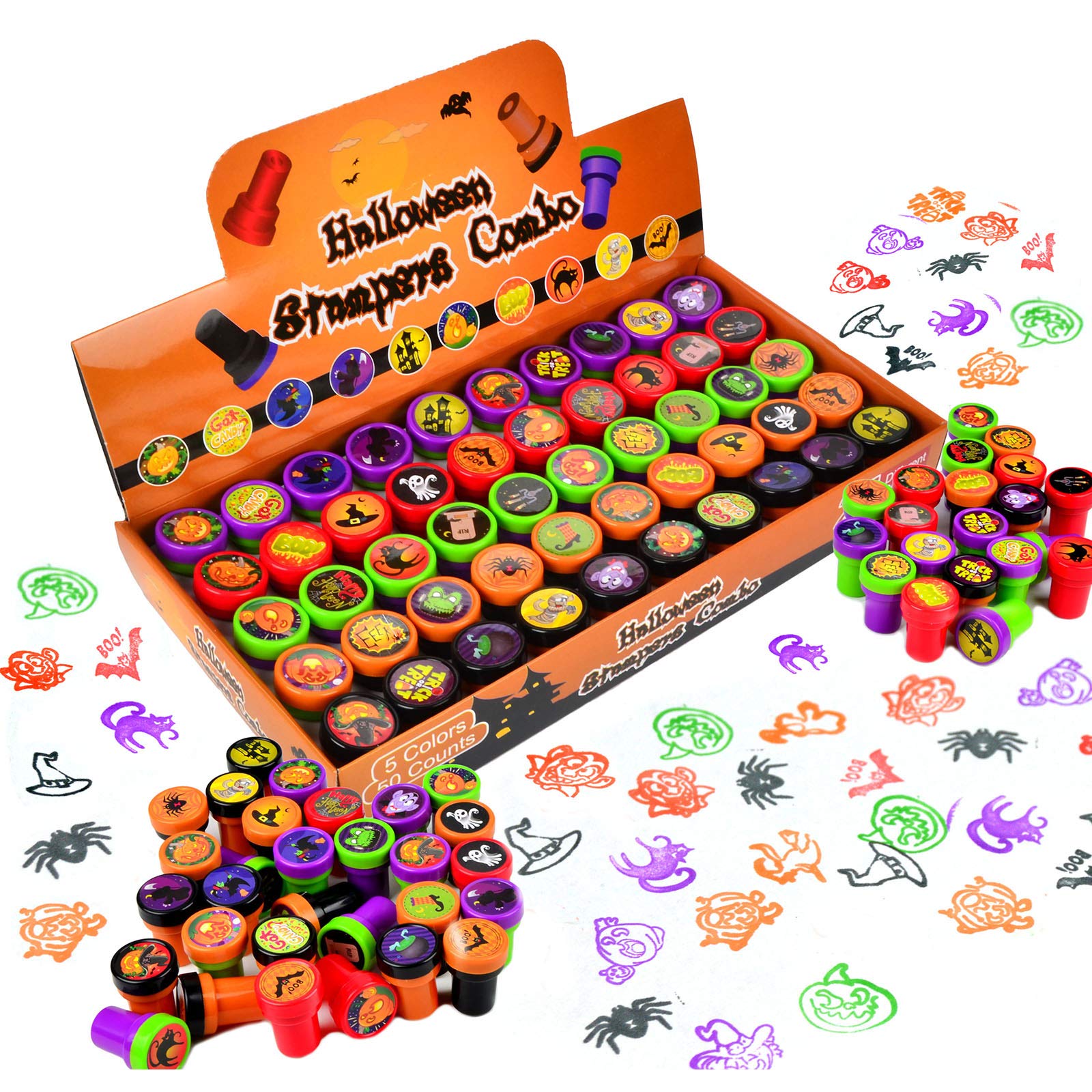 50 Pieces Halloween Assorted Stamps Kids Self-Ink Stamps (25 DIFFERENT Designs, Plastic Stamps, Trick Or Treat Stamps, Spooky Stamps) for Halloween Party Favors, Game Prizes, Halloween Goodies Bags