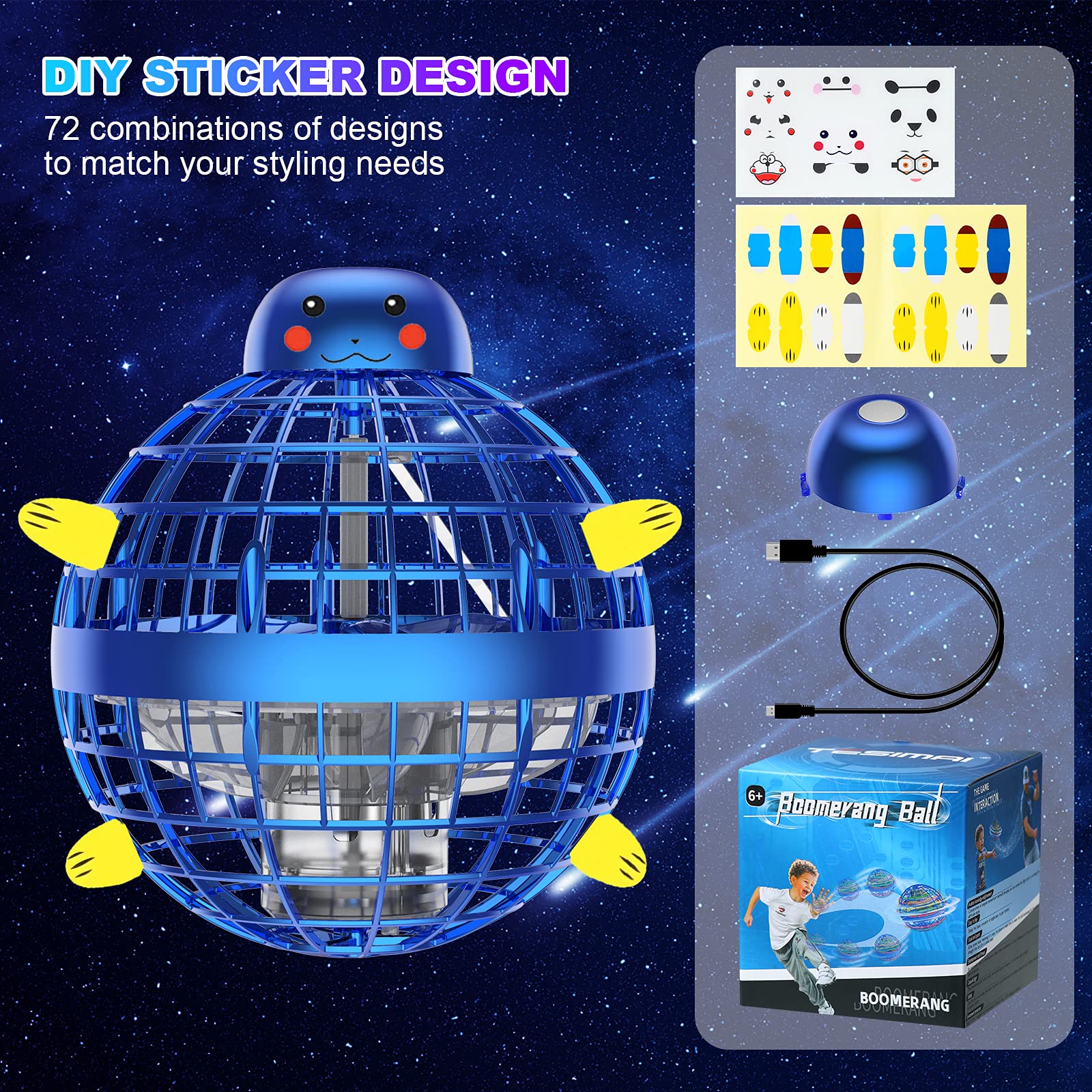 Joysky Flying Orb - Flying Ball Toy DIY Flying Space Orb RGB Light Flying Toys 360°Rotating Hover Ball Cool Toy Soaring Orb Drones for Kids Adult, 2021 Upgraded Flyorb Blue