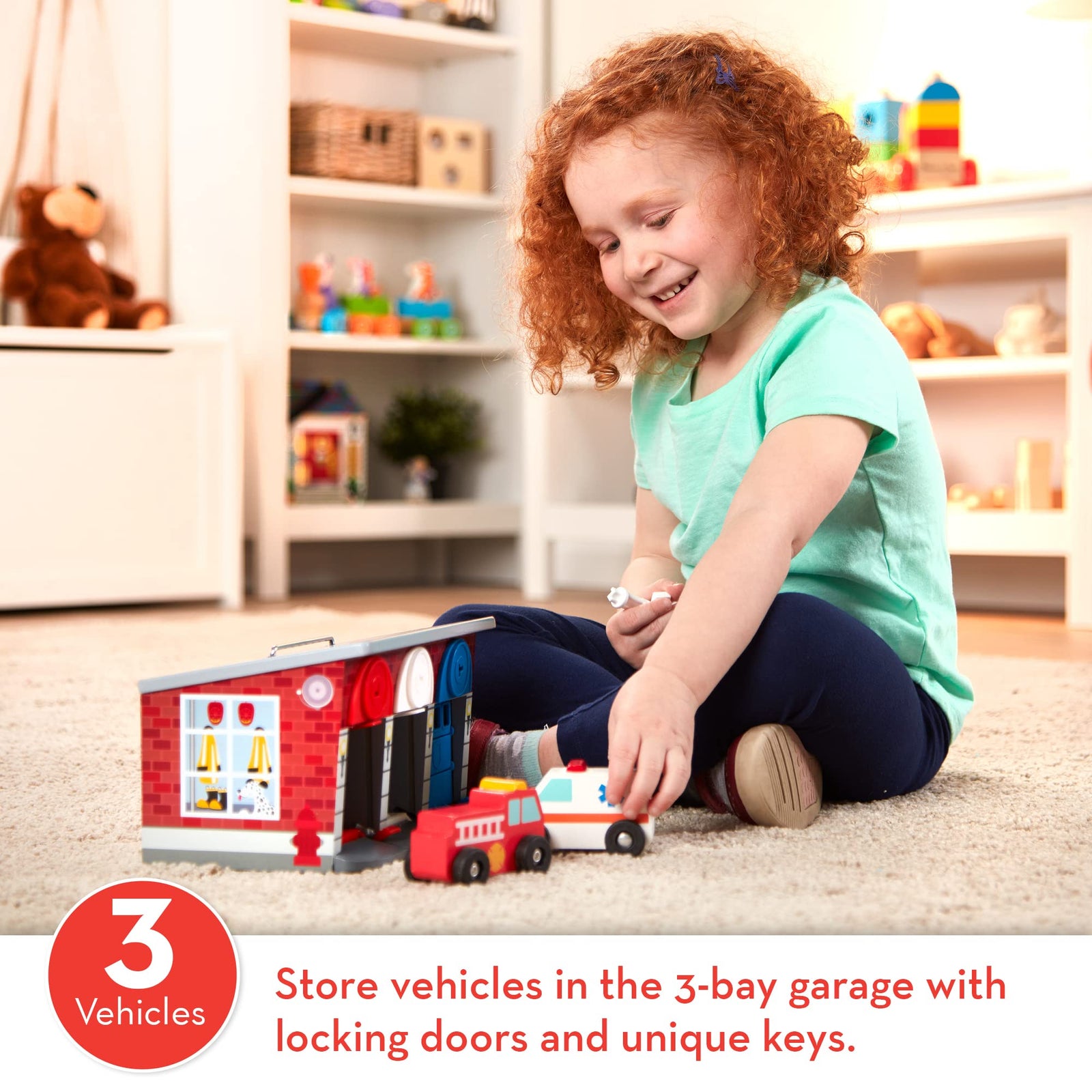Melissa & Doug Toy Keys and Cars Wooden Rescue Vehicles and Garage (7 pcs) Red