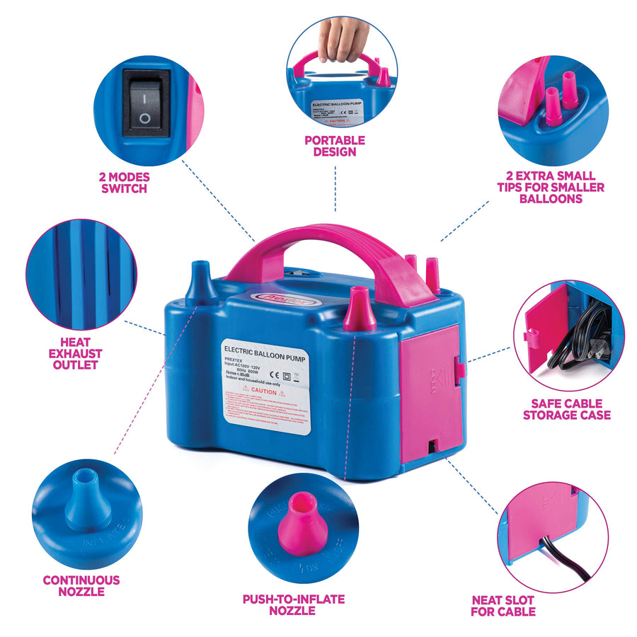 Prextex Balloon Pump Electric Air Blower Dual Nozzle Portable Balloon Inflator for Fast and Easy Bulk Balloons Filling for Event and Party Decoration (Blue, 110V)