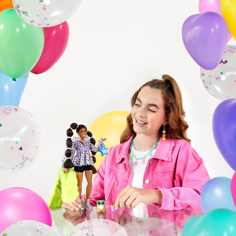 Barbie Extra Doll #7 in Top, Shorts & Furry Shrug with Pet Pomeranian, Long Pigtails with Rainbow Hair Ties, Outfit & Accessories, Multiple Flexible Joints, Gift for Kids 3 Years Old & Up