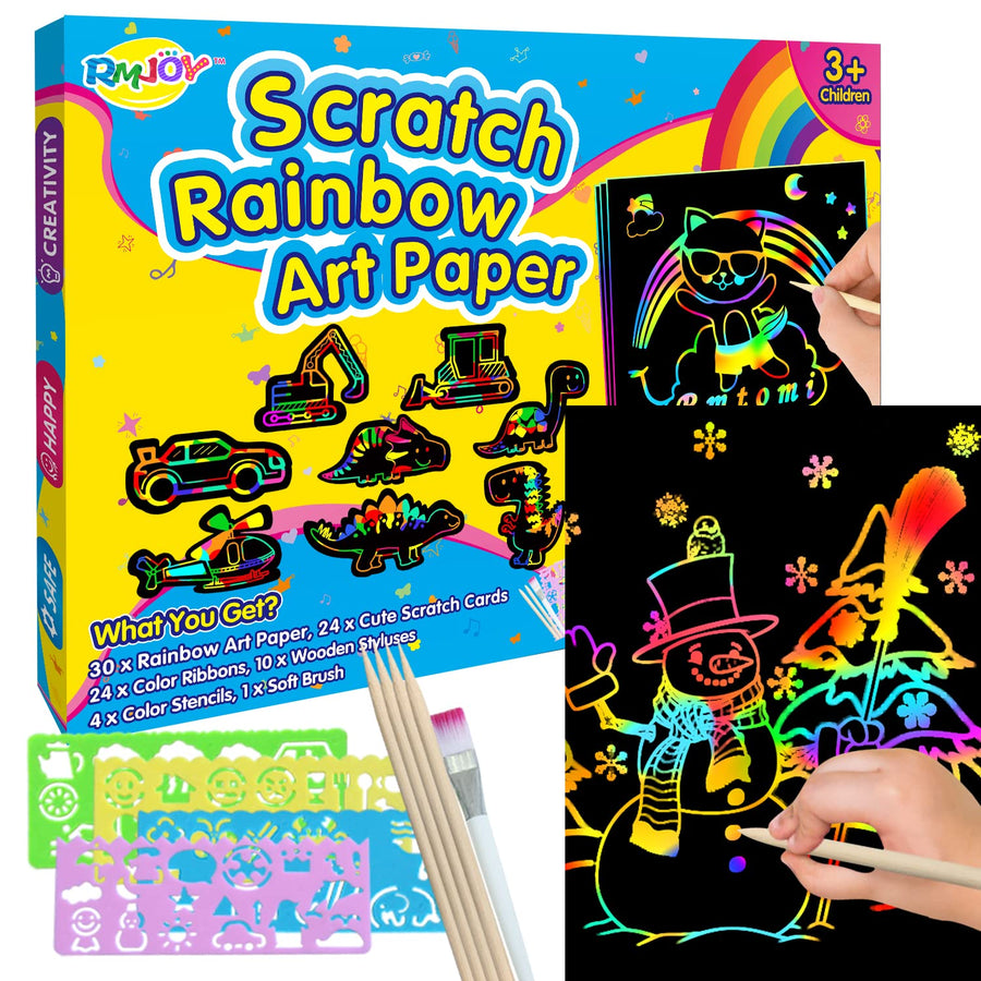 RMJOY Art-Craft Scratch Paper for Kids: Magic Rainbow Drawing Art Pads Leaning Supplies Kits for Kids Teen 4-12 Years Old Preschool Boys Toy Game Gift for Birthday Party Favor|Coloring Fun|DIY Project