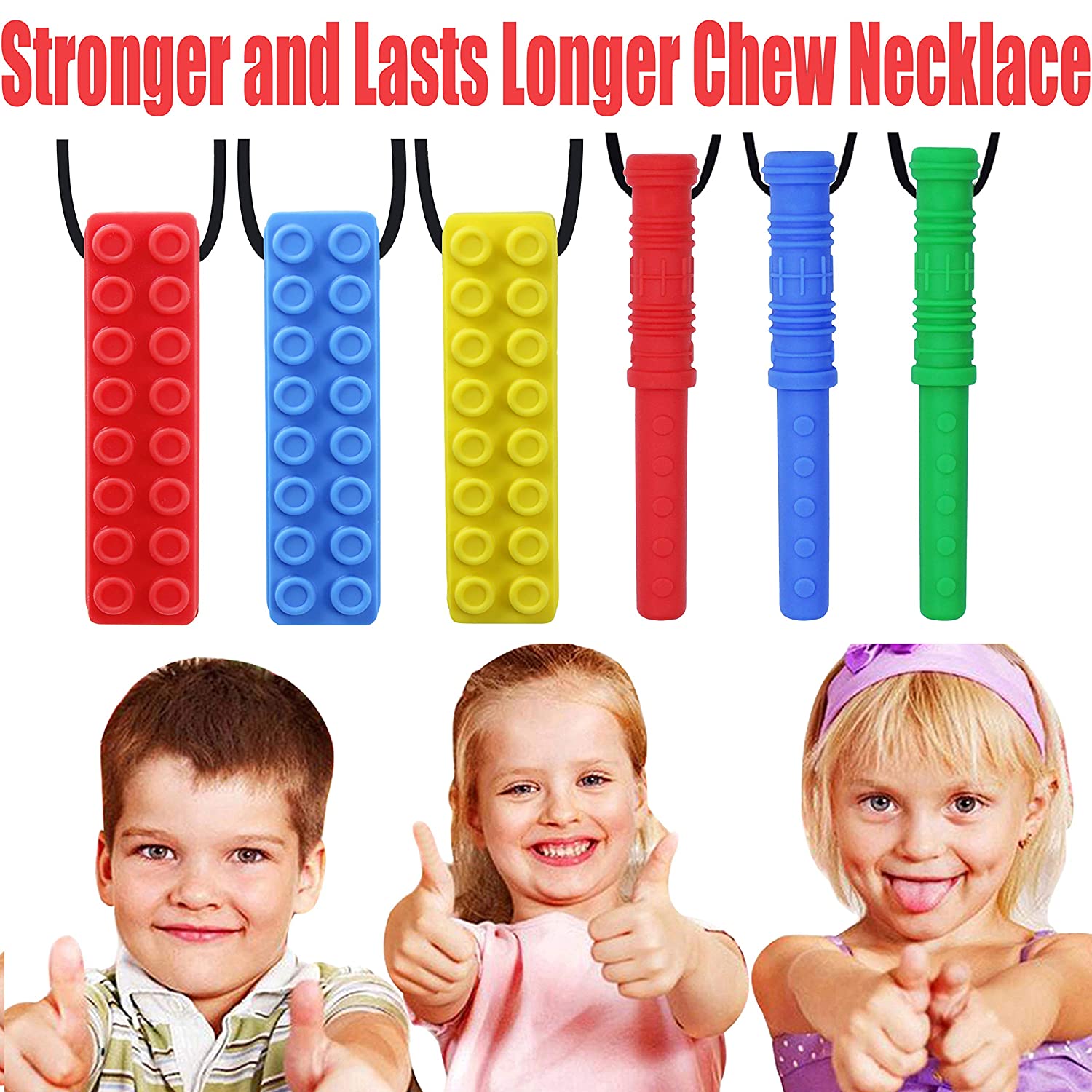 Chew Necklace by GNAWRISHING - 6-Pack - Perfect for Autistic, ADHD, SPD, Oral Motor Children, Kids, Boys, and Girls (Tough, Long-Lasting)