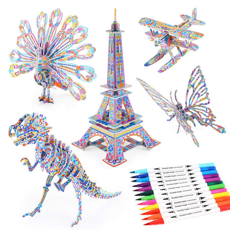 BEARUN 3D Coloring Puzzle Set, Arts and Crafts for Girls and Boys Age 6 7 8 9 10 11 12 Years Old, Fun Educational Painting Crafts Kit with Supplies for Kids, Birthday Toy Gift for Kids (5-Pack)