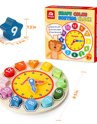 Coogam Wooden Shape Color Sorting Clock – Teaching Time Number Blocks Puzzle Stacking Sorter Jigsaw Montessori Early Learning Educational Toy Gift for Year Old Kids
