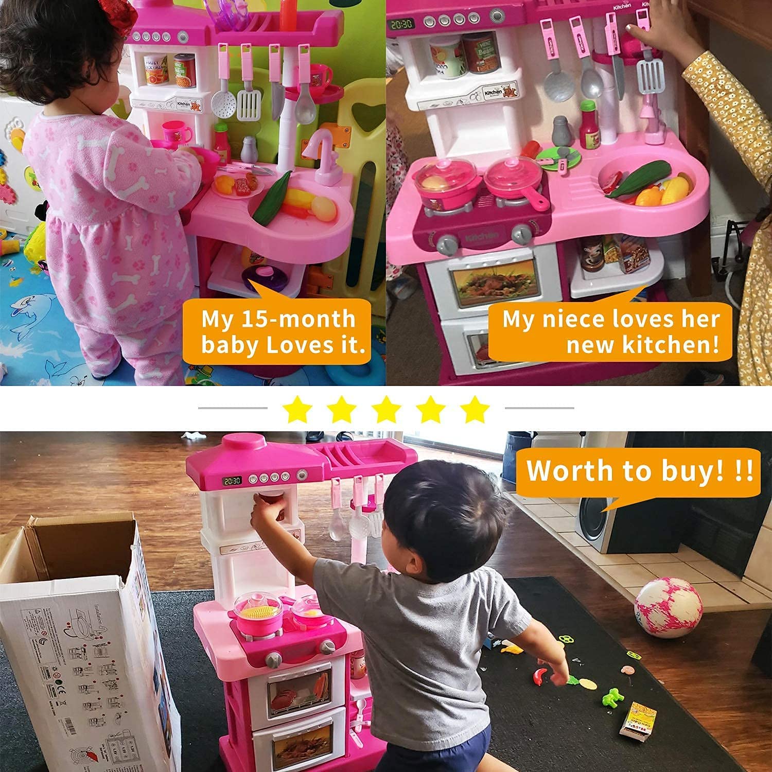 Temi Play Kitchen Playset Pretend Food - 53 PCS Pink Kitchen Toys for Toddlers, Toy Accessories Toddler Set w/ Real Sounds and Light, Toddler Outdoor Playset for Kids, Girls & Boys