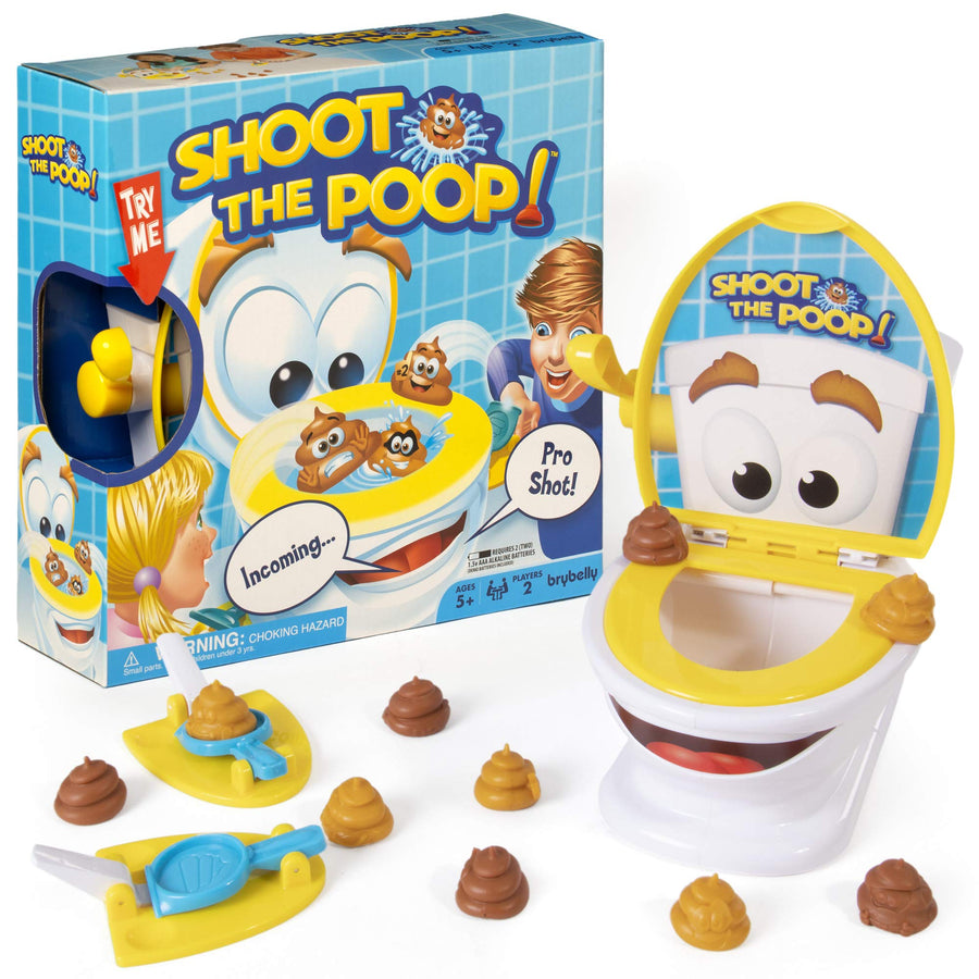 Shoot The Poop - Funny Family Game - Fast and Frenzied Flushing Poop Game for Kids - Includes Talking Toilet Bowl, Dexterity Launchers, 12 Soft Plastic Poops