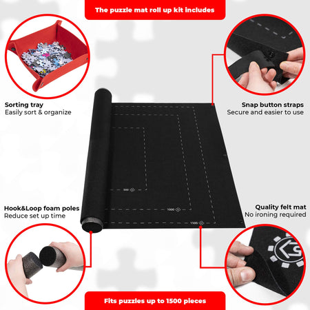 Marbs Puzzle Mat Roll Up with Guiding Lines for 500,1000,1500 Pieces. Roll Your Jigsaw Puzzle in 30sec - Portable Storage Mat 24"x46" with 2 Foam Poles, 3 Fastening Straps, Sorting Tray & Storage Bag