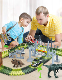 AUUGUU Kids Dinosaur Race Car Track with Flexible Track, Dino Toys, Bridge, Ramps and 2 Race Car Toys – Prehistoric Race Track for Kids Age 3-5
