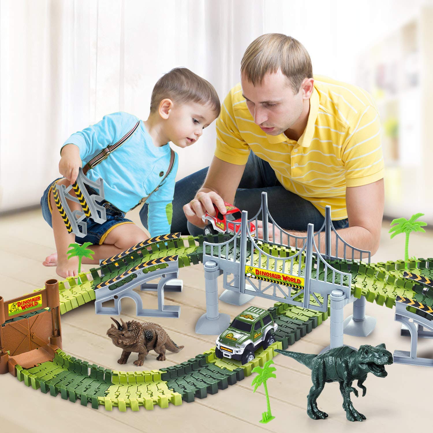 AUUGUU Kids Dinosaur Race Car Track with Flexible Track, Dino Toys, Bridge, Ramps and 2 Race Car Toys – Prehistoric Race Track for Kids Age 3-5